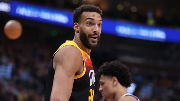 Utah Jazz center Rudy Gobert (27) reacts to a call on the court in the fourth quarter against the Dallas Mavericks at Vivint Arena.